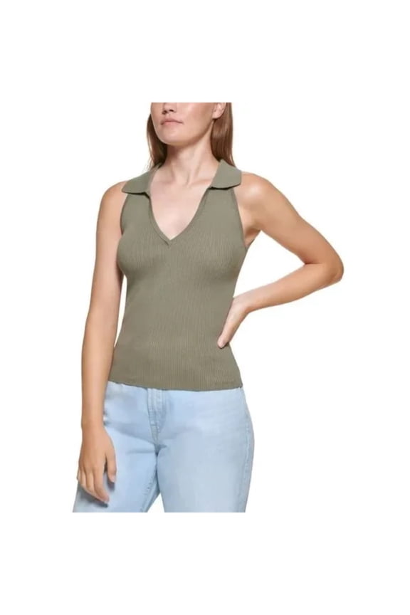 JEANS Womens Green Ribbed Pullover Sleeveless Collared Tank Top L