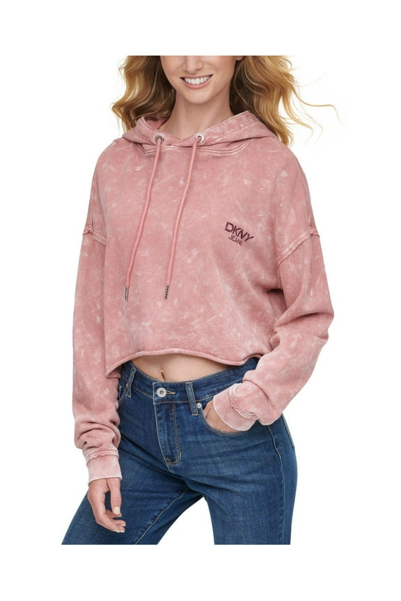 JEANS Womens Pink Acid Wash Long Sleeve Hoodie Top S