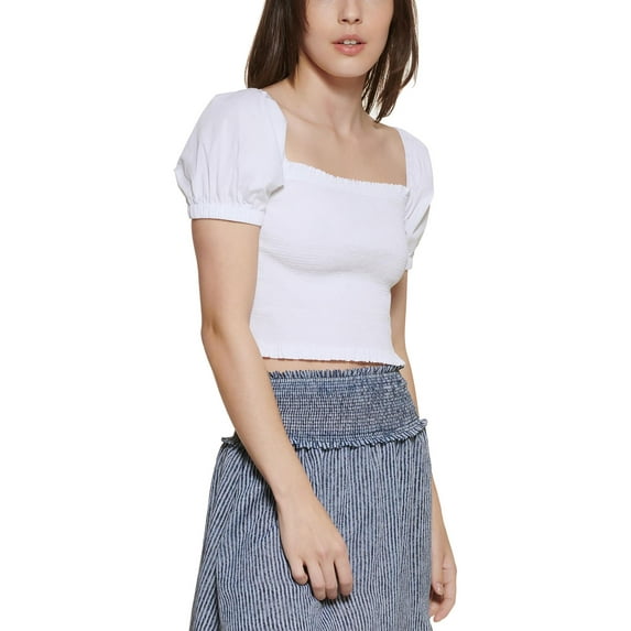 DKNY JEANS Womens White Smocked Sheer Pullover Unlined Pouf Sleeve Square Neck Crop Top L