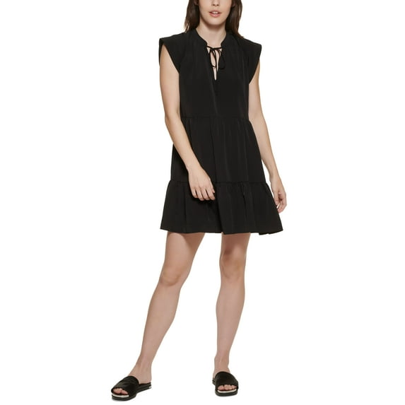 DKNY Jeans Tie Neck Tiered Dress Black 2XS