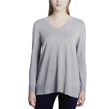 DKNY Jeans Women Super Soft V-Neck Casual Pullover Sweater (Small, Grey Heather)