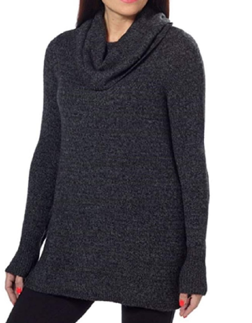 DKNY Jeans Womens Cowl Neck Tunic Pullover Sweater - Black Heather (XXL)