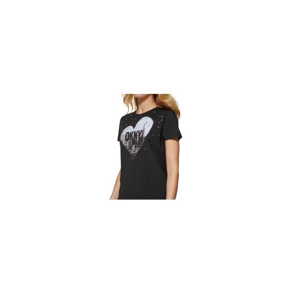 DKNY Jeans Womens Crewneck Embellished Logo T-Shirt Black M