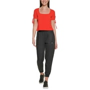DKNY Jeans Womens Cropped Tied Sleeve T-Shirt Red Alert 2XS