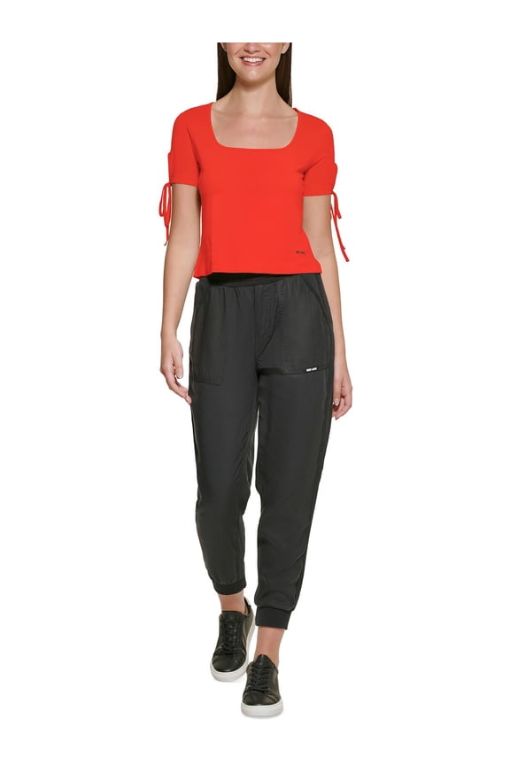 Jeans Womens Cropped Tied Sleeve T-Shirt Red Alert XL