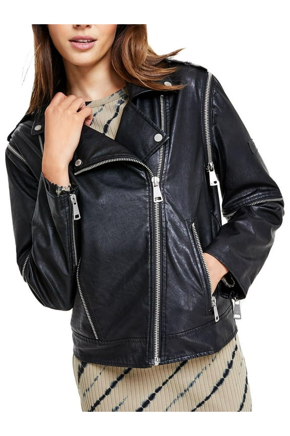 Women's Faux-Leather Zip-Detail Moto Jacket Black L