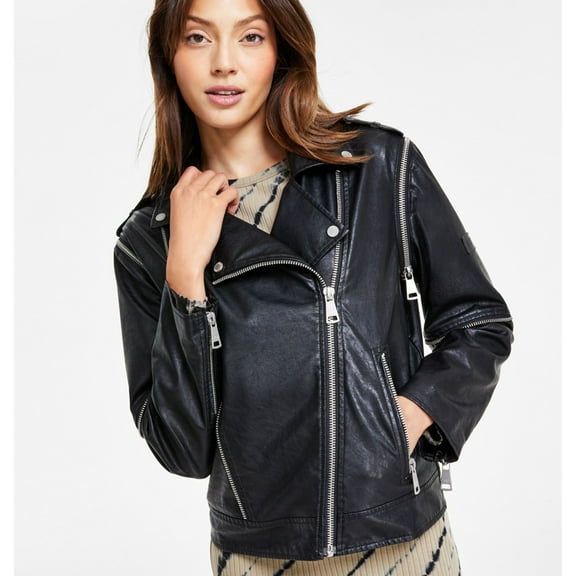 DKNY Womens Faux Leather Motorcycle Jacket, Black, X-Small