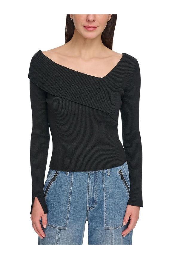Jeans Womens Ribbed Asymmetrical Neck Pullover Sweater