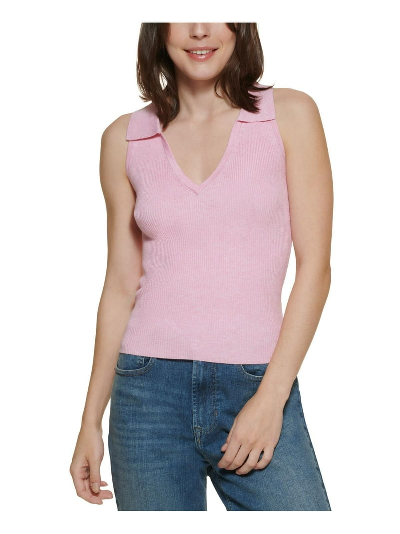 DKNY Jeans Womens V-Neck Polo Tank Top Sweater Pink Wht H XL