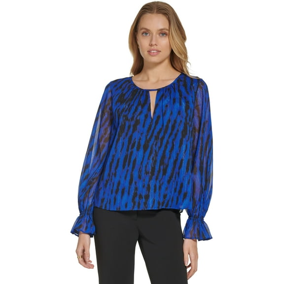 DKNY Keyhole Long Sleeve Ruffle Blouse Cobalt Multi L