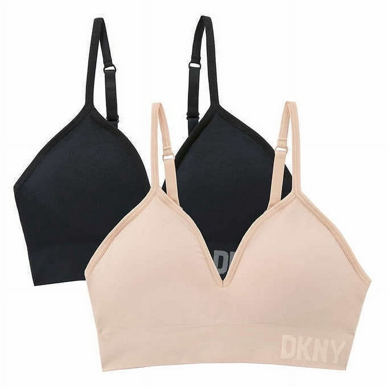 DKNY Ladies' 2-Pack Seamless Bra with Adjustable Straps, Black/Nude Large 