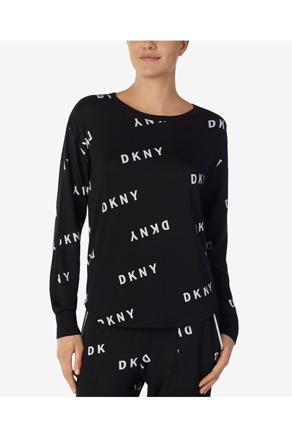 Logo Long-Sleeve Knit Pajama Top, Black Print, Size Small