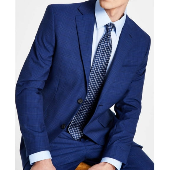 Dkny Mens Modern fit Suit Jacket Blazer 41 R Navy Blue Plaid Stretch
