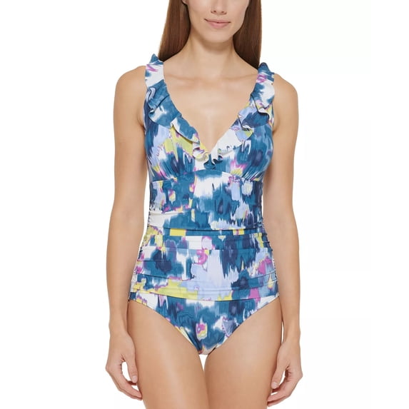 DKNY MOIRE FLORAL BLUE MULTI Ruffle Tummy-Control One-Piece Swimsuit, US 16