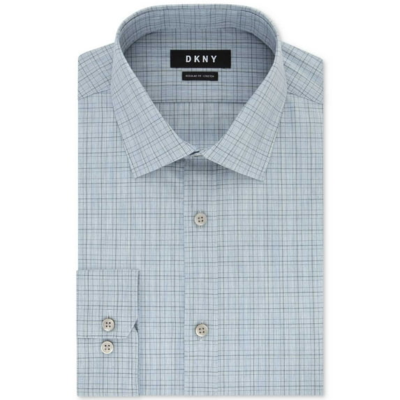 DKNY Men’s Classic/Regular Fit Stretch Check Dress Shirts, Pastel Blue, 16.5x34-35