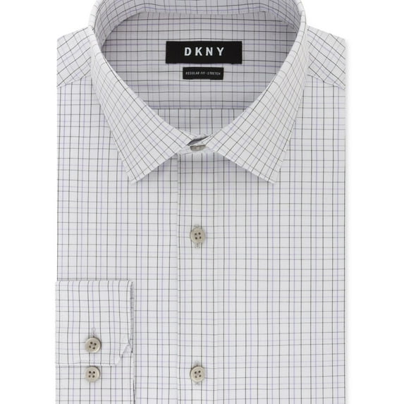 DKNY Mens Checked Button Down Dress Shirt, Purple, 17" Neck 34"-35" Sleeve