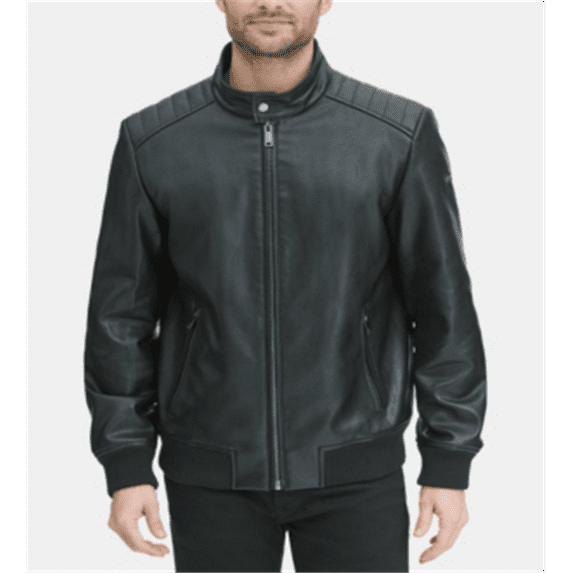 DKNY Men's Faux Leather Quilted Shoulder Bomber Jacket Black Size XX-Large