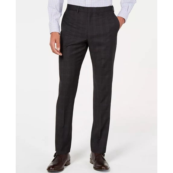 DKNY Men's Modern Fit Plaid Wool Pants Grey Size 32X32