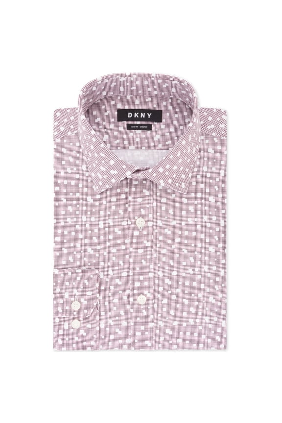 Men’s Slim-Fit Performance Stretch Wrinkle-Resistant Print Dress Shirts, Print Burgundy, 15X32-33