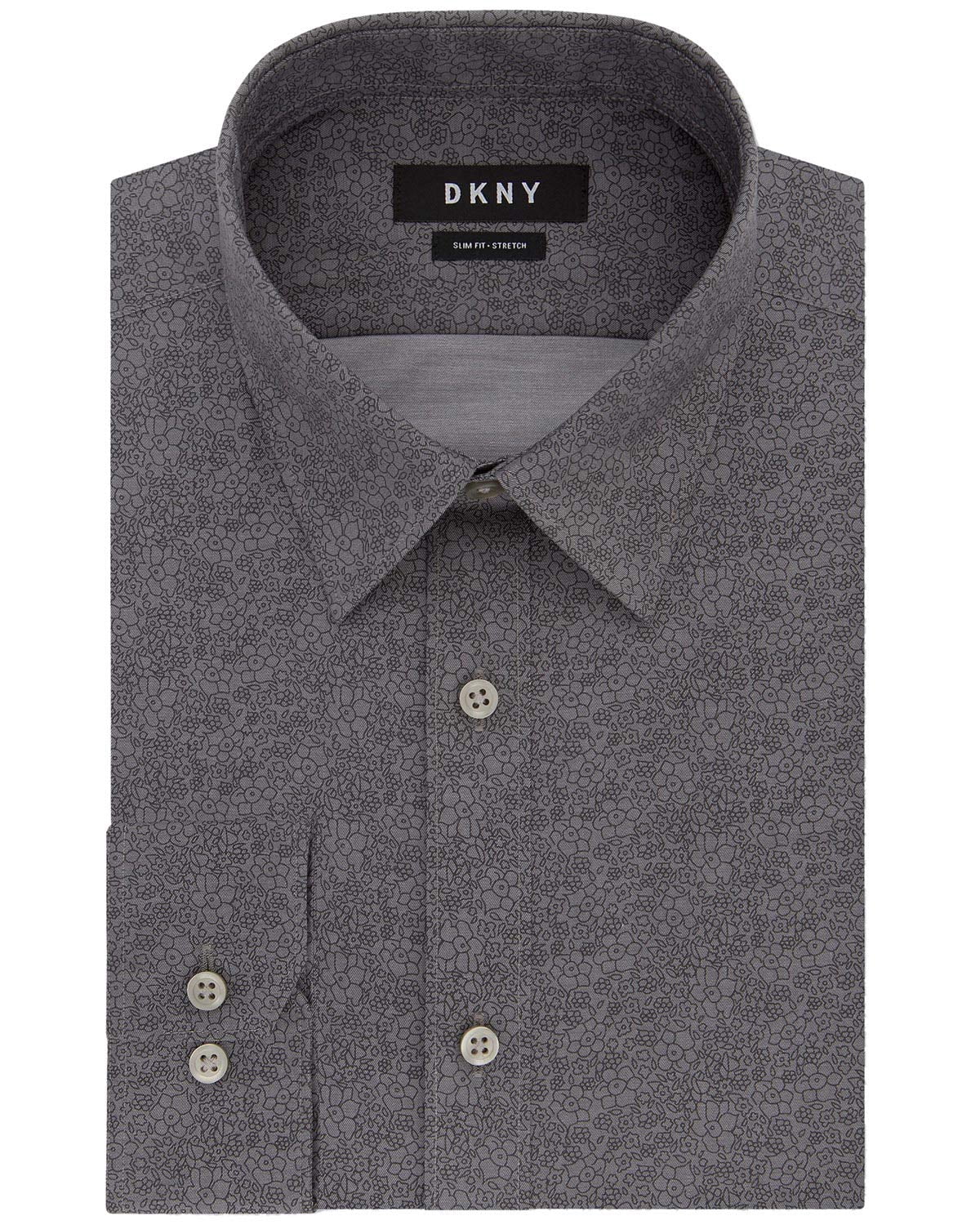 DKNY Men's Slim-Fit Stretch Gray Print Coal Dust Dress Shirt[ 18