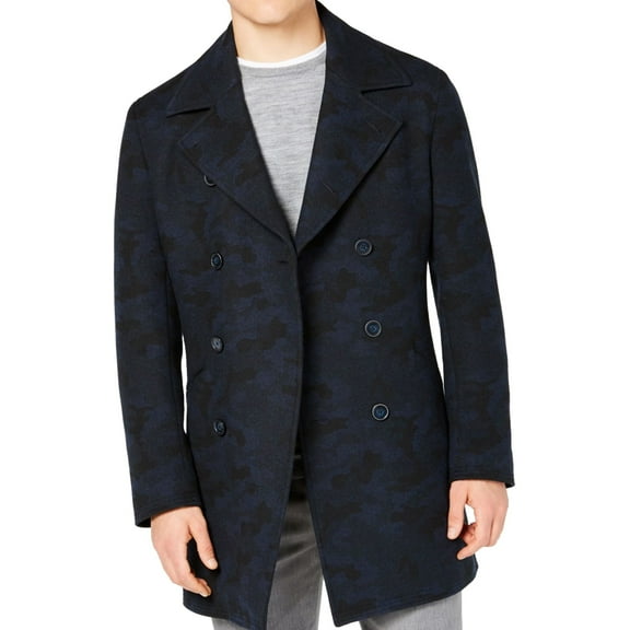 DKNY Mens Camouflage Overcoat Dress, Blue, 40 Short