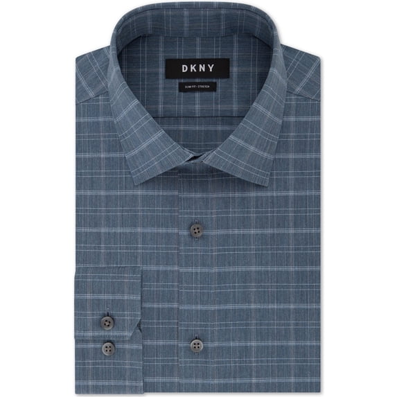DKNY Mens Checked Button Up Dress Shirt, Blue, 15" Neck 32"-33" Sleeve
