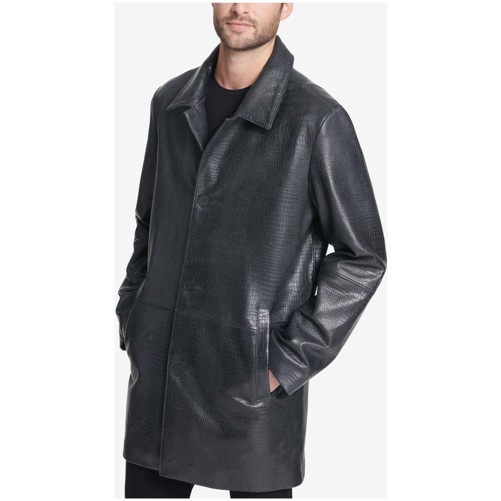 DKNY Mens Crocodile Imprint Leather Blazer Jacket, Black, Large