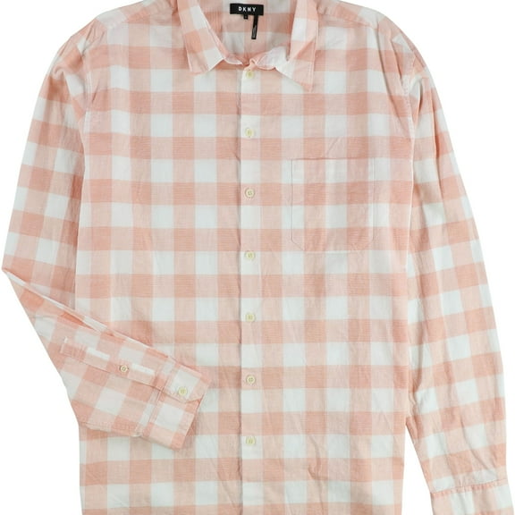 DKNY Mens Downtown Gigham Button Up Shirt, Orange, Large