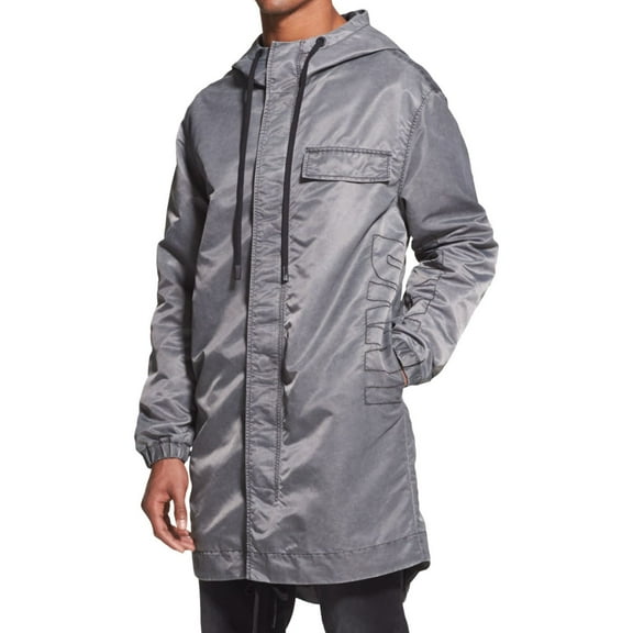 DKNY Mens Long Logo Hooded Jacket, Grey, Medium