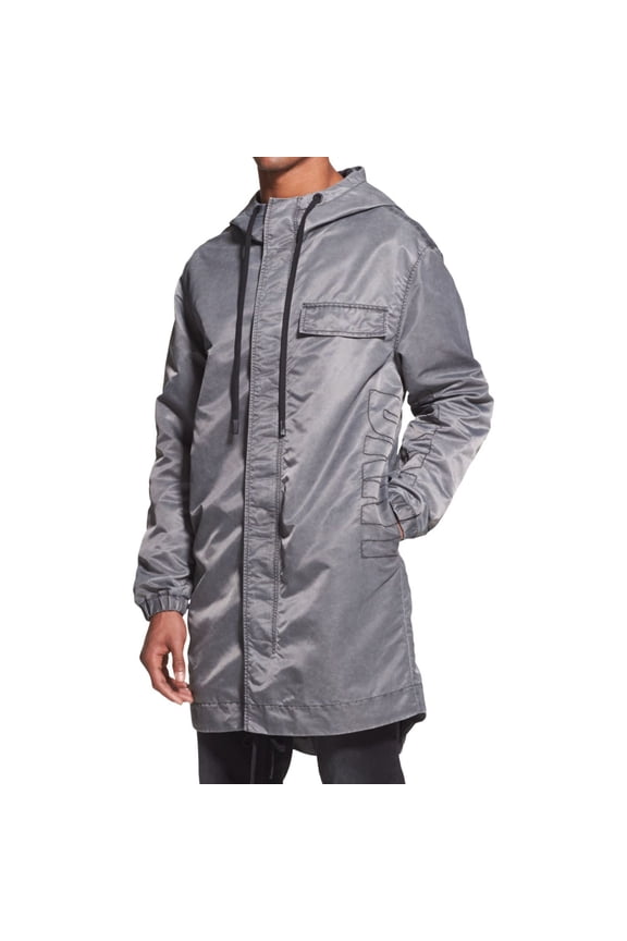 Mens Long Logo Hooded Jacket, Grey, Medium