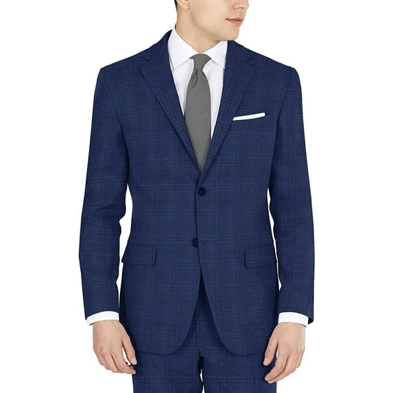 DKNY Mens Modern Fit High Performance Suit Separates 38 Blue Plaid