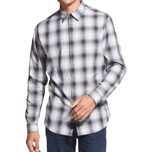DKNY Mens Plaid Long Sleeve Button Up Shirt, Grey, Large