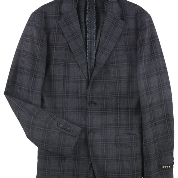 DKNY Mens Plaid Two Button Blazer Jacket, Blue, 42 Regular