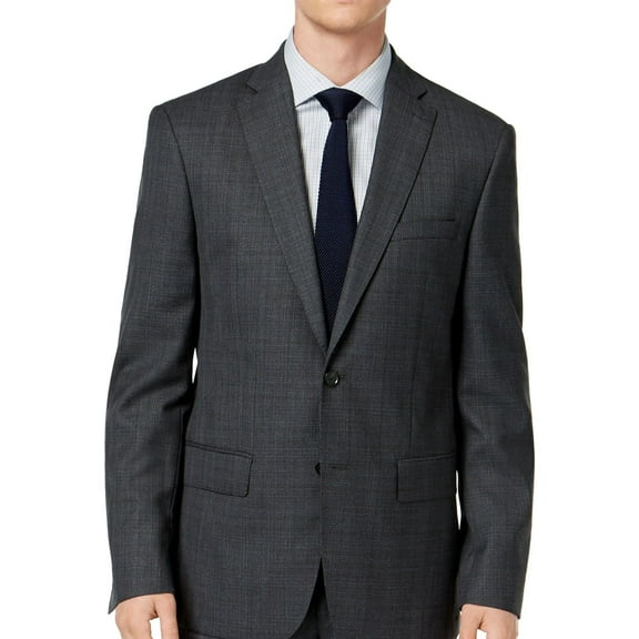 DKNY Mens Plaid Two Button Blazer Jacket, Grey, 38 Regular