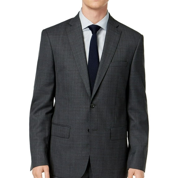 DKNY Mens Plaid Two Button Blazer Jacket, Grey, 38 Regular