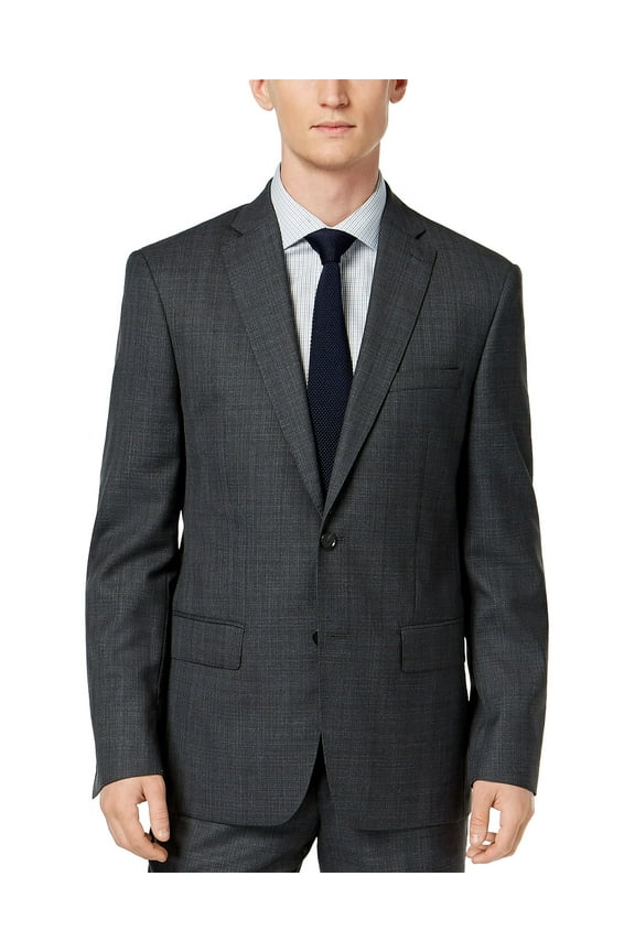 Mens Slim-Fit Plaid Wool Suit Separate Jacket 36 Short Grey/Blue