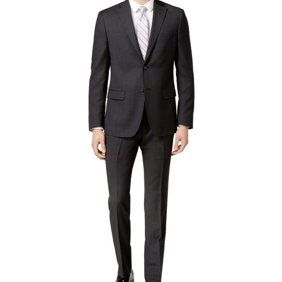 DKNY Mens Textured Two Button Formal Suit, Black, 44 Long / 37W x 39L