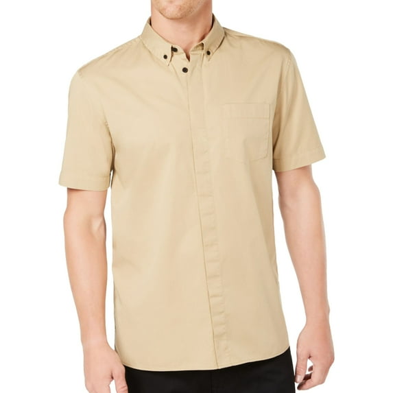 DKNY Mens Twill Button Up Shirt, Beige, Small