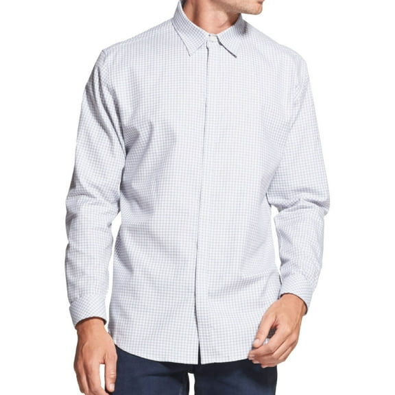 DKNY Mens Woven Check Button Up Shirt, White, Medium