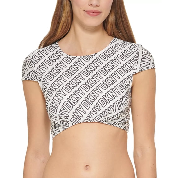 DKNY NEON LOGO SOFT WHITE Cropped Logo-Print Bikini Swim Top, US Small