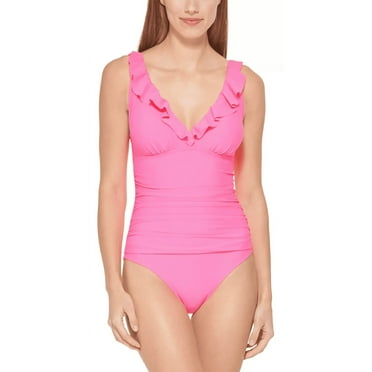 DKNY NEON PINK Ruffle Plunge Underwire Tummy Control One-Piece Swimsuit, US 4