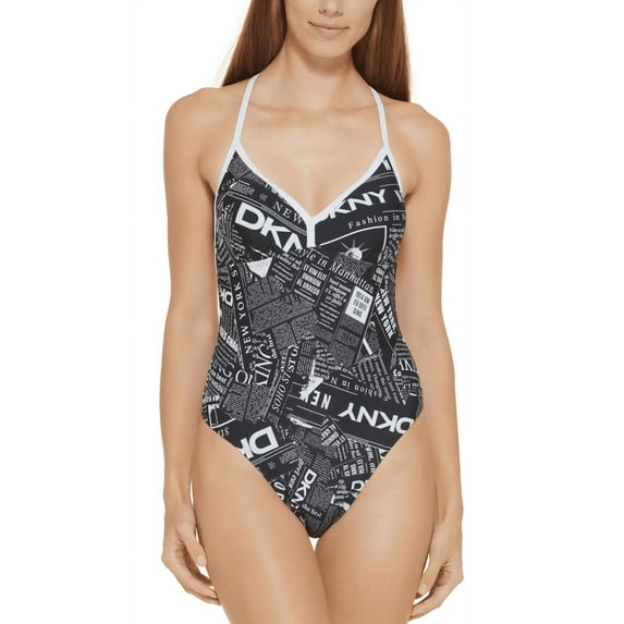 DKNY NEWSPRINT BLACK WHITE Graphic T-Back One-Piece Swimsuit, US X-Small