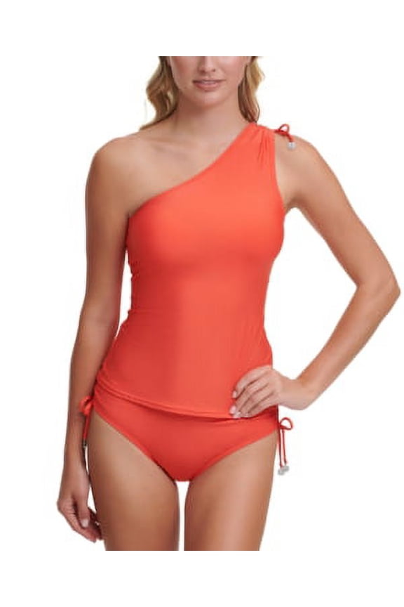 Women's Orange Stretch Asymmetrical Removable Cups Tie One Shoulder Tankini Swimsuit Top L