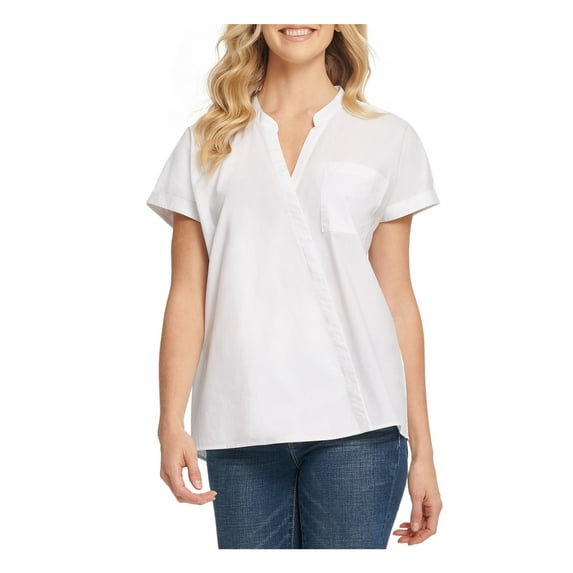 DKNY PURE Womens Ivory Pocketed Linen Short Sleeve Mandarin Collar Top XL