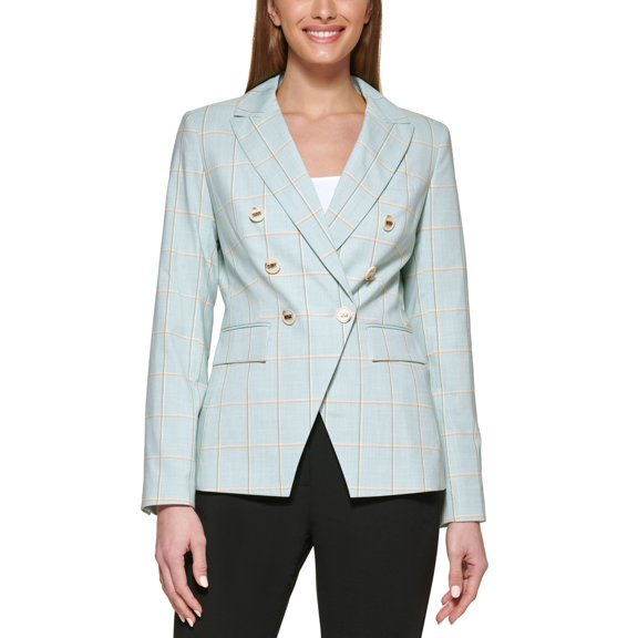 DKNY Plaid Double Breasted Blazer Eucalyptus/Wheat 10