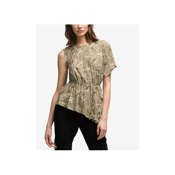 DKNY Printed Asymmetrical Top Military Green L