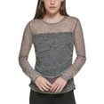 thumbnail image 1 of DKNY Printed Mesh Ruched Top Ivory Black Multi XS, 1 of 10