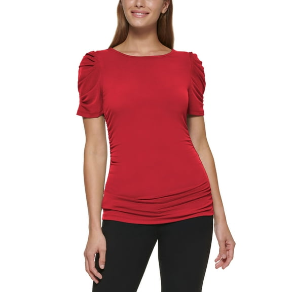 DKNY Ruched Sleeve Knit Top Scarlet L