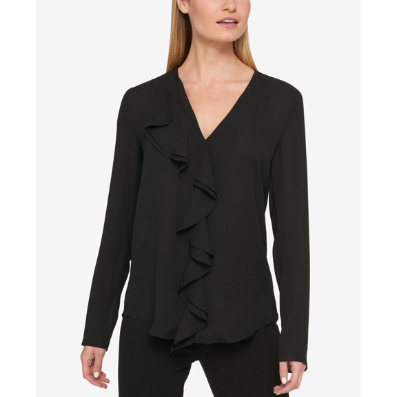 DKNY Ruffled V Neck Blouse Black 14