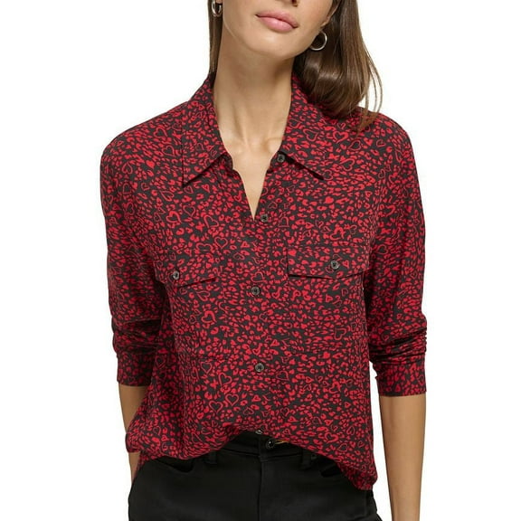 DKNY SCARLET/BLACK Women's Star-Print Button-Front High-Low Top, XL